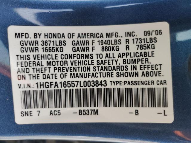 1HGFA16557L003843 - 2007 HONDA CIVIC LX BLUE photo 12