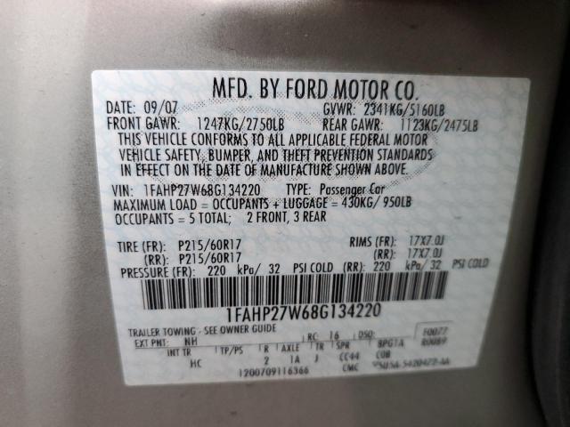 1FAHP27W68G134220 - 2008 FORD TAURUS SEL BEIGE photo 12