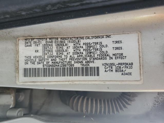 5TEGN92N41Z867089 - 2001 TOYOTA TACOMA DOUBLE CAB PRERUNNER SILVER photo 12