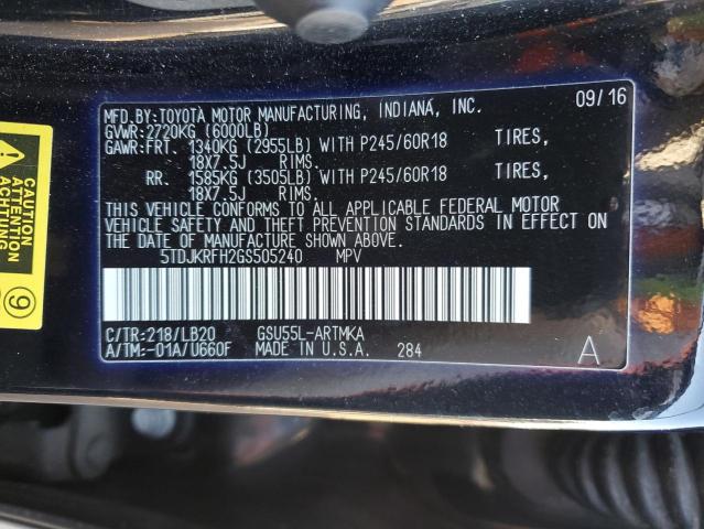 5TDJKRFH2GS505240 - 2016 TOYOTA HIGHLANDER XLE 黑色 照片 14