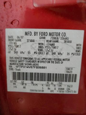 1FTPX14V67FB56881 - 2007 FORD F150 RED photo 12