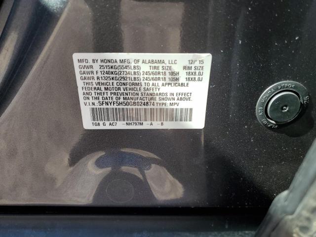 5FNYF5H50GB024874 - 2016 HONDA PILOT EXL GRAY photo 13