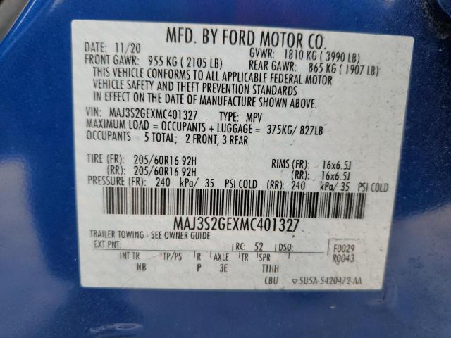 MAJ3S2GEXMC401327 - 2021 FORD ECOSPORT SE BLUE photo 12