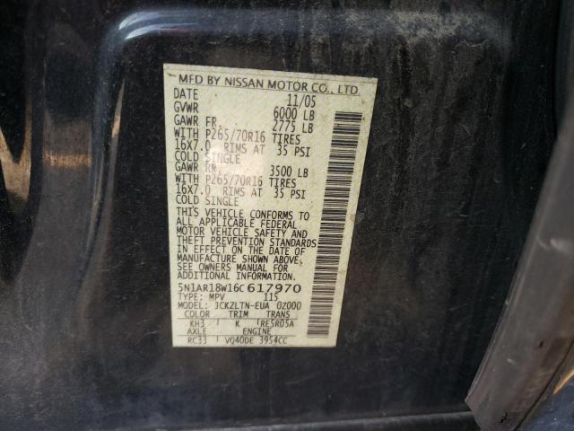 5N1AR18W16C617970 - 2006 NISSAN PATHFINDER LE BLACK photo 12