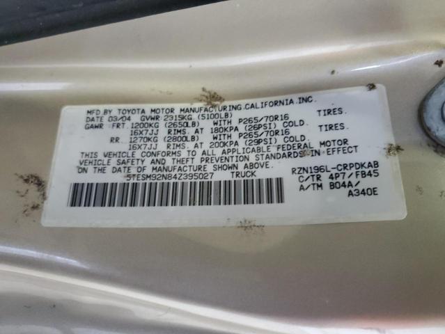 5TESM92N84Z395027 - 2004 TOYOTA TACOMA XTRACAB PRERUNNER თაფლისფერი ფოტო 12