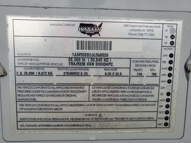 1JJV532D3JL066526 - 2018 WABASH TRAILER SILVER photo 10