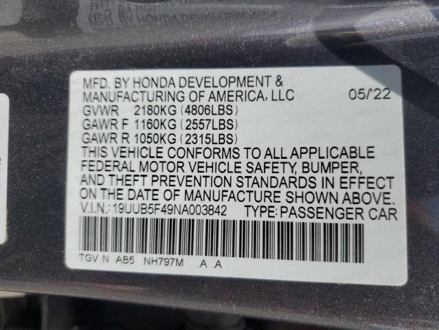 19UUB5F49NA003842 - 2022 ACURA TLX TECHNOLOGY GRAY photo 12