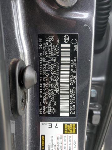 JTDKARFP2K3119426 - 2019 TOYOTA PRIUS PRIM ნაცრისფერი ფოტო 13