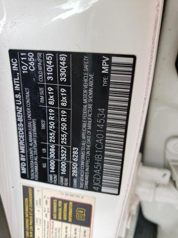 4JGDA5HB1CA014534 - 2012 MERCEDES-BENZ ML 350 4MATIC WHITE photo 12