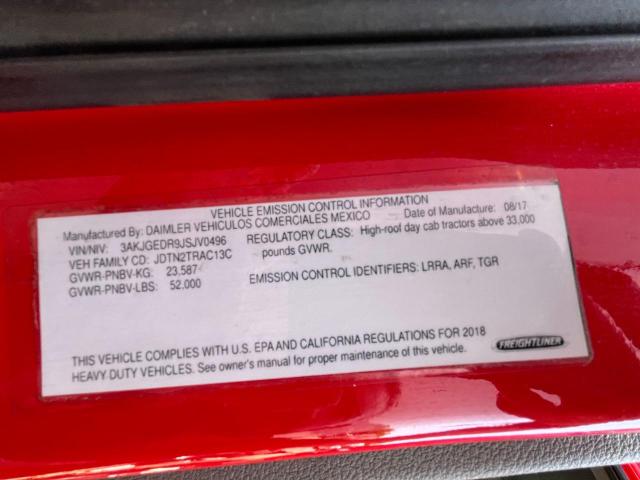 3AKJGEDR9JSJV0496 - 2018 FREIGHTLINER CASCADIA 1 წითელი ფოტო 10