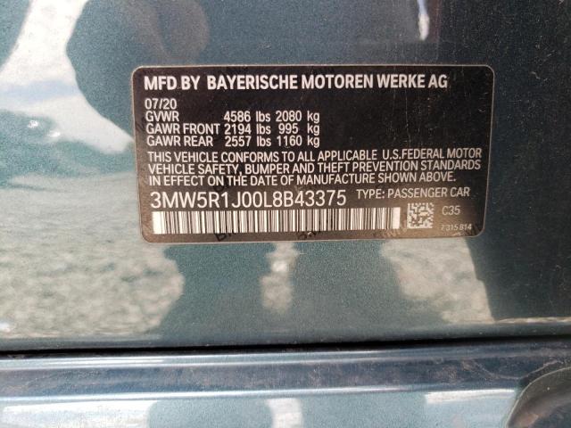 3MW5R1J00L8B43375 - 2020 BMW 330I TEAL photo 12