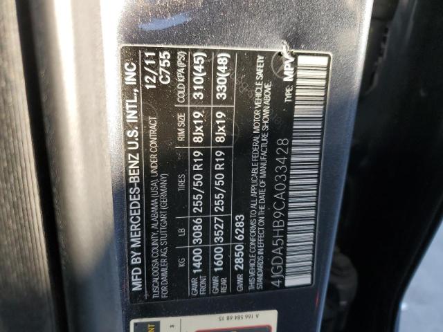 4JGDA5HB9CA033428 - 2012 MERCEDES-BENZ ML 350 4MATIC GRAY photo 12