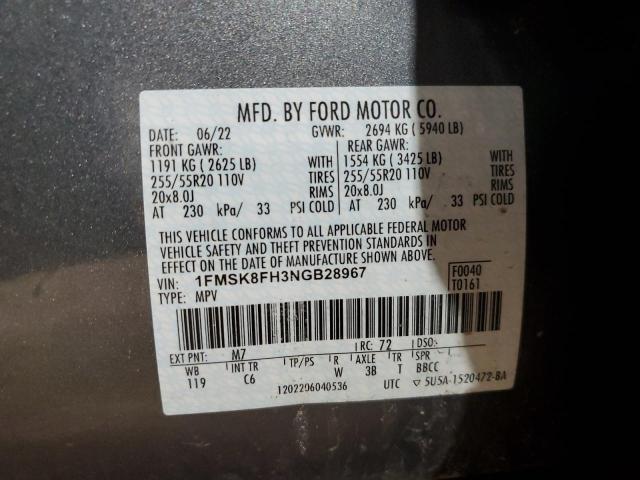 1FMSK8FH3NGB28967 - 2022 FORD EXPLORER LIMITED GRAY photo 13