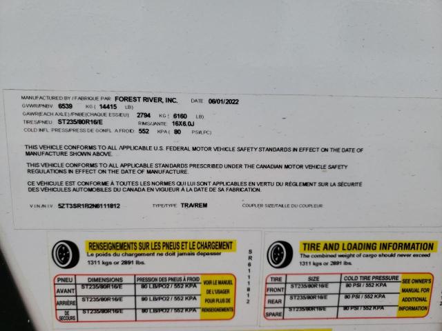 5ZT3SR1B2N6111812 - 2022 WILDWOOD SABRE WHITE photo 10