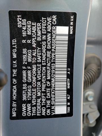 SHHFK7H40MU219163 - 2021 HONDA CIVIC SPORT 灰色 照片 12