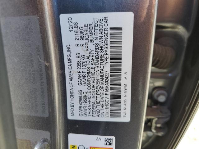 1HGCV1F16MA024227 - 2021 HONDA ACCORD LX GRAY photo 12