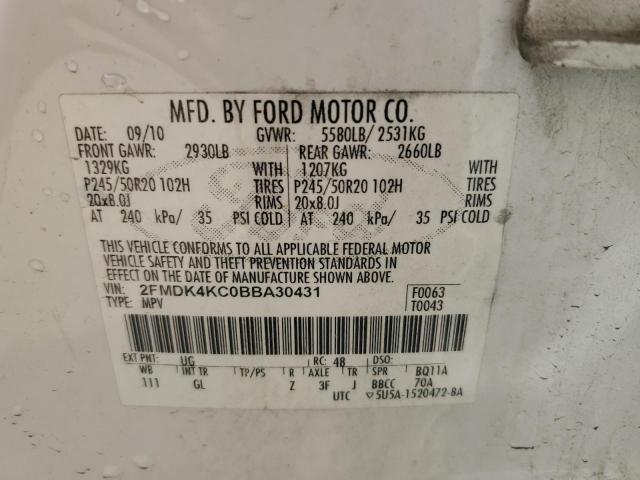 2FMDK4KC0BBA30431 - 2011 FORD EDGE LIMITED WHITE photo 13