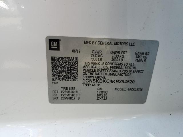 1GNSKBKC4KR394520 - 2019 CHEVROLET TAHOE K1500 LT WHITE photo 13