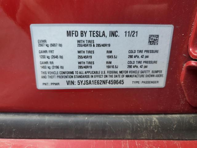 5YJSA1E62NF459645 - 2022 TESLA MODEL S Qırmızı foto 12