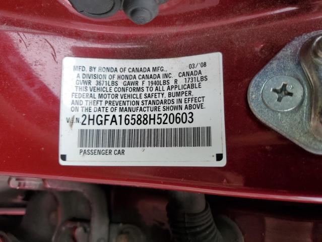 2HGFA16588H520603 - 2008 HONDA CIVIC LX RED photo 12