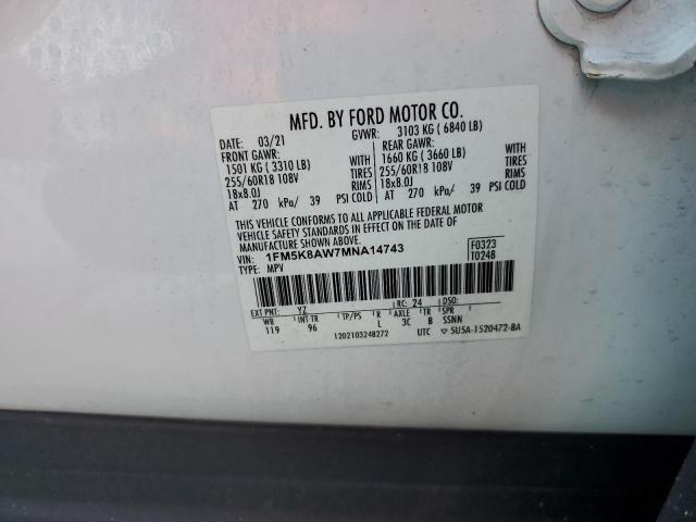 1FM5K8AW7MNA14743 - 2021 FORD EXPLORER POLICE INTERCEPTOR თეთრი ფოტო 13