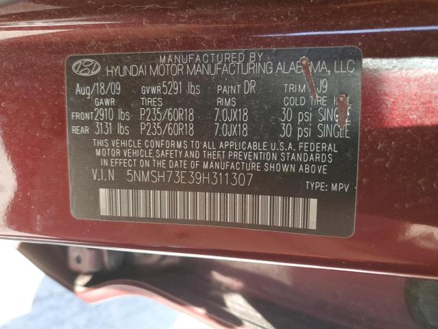 5NMSH73E39H311307 - 2009 HYUNDAI SANTA FE SE RED photo 13