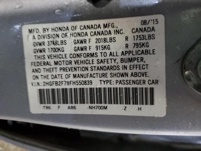 2HGFB2F79FH550839 - 2015 HONDA CIVIC SE SILVER photo 13