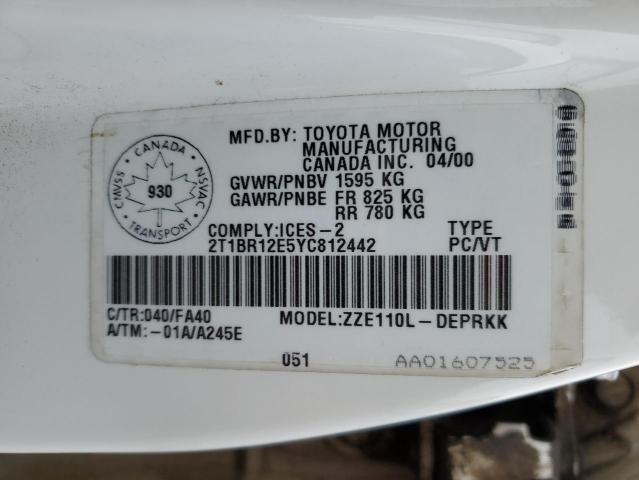 2T1BR12E5YC812442 - 2000 TOYOTA COROLLA VE WHITE photo 12