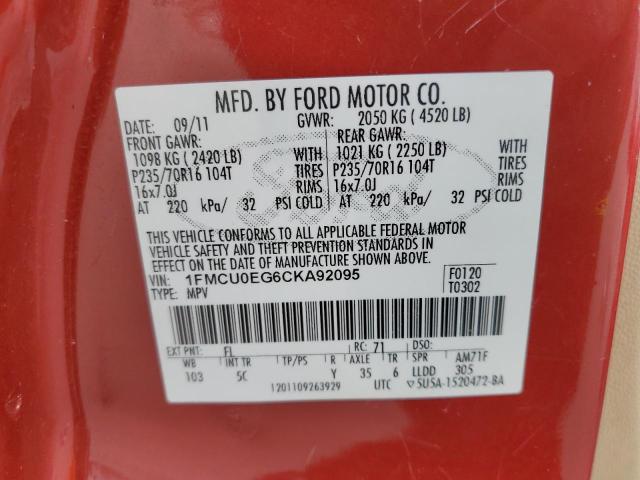 1FMCU0EG6CKA92095 - 2012 FORD ESCAPE LIMITED RED photo 13