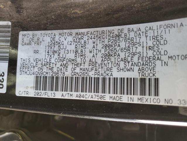 3TMJU4GN9CM129678 - 2012 TOYOTA TACOMA DOUBLE CAB PRERUNNER BLACK photo 12