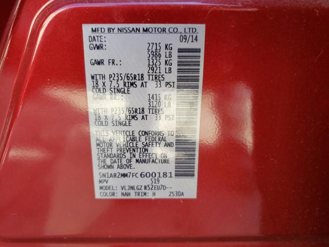 5N1AR2MM7FC600181 - 2015 NISSAN PATHFINDER S 红色 照片 13
