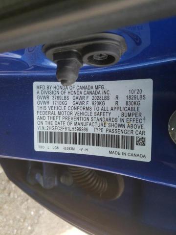 2HGFC2F81LH599986 - 2020 HONDA CIVIC SPORT BLUE photo 10