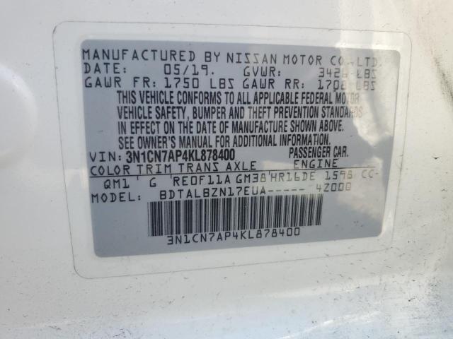 3N1CN7AP4KL878400 - 2019 NISSAN VERSA S أبيض صورة 12