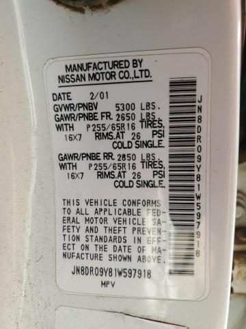 JN8DR09Y81W597918 - 2001 NISSAN PATHFINDER LE თეთრი ფოტო 13