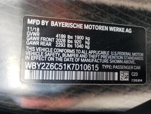 WBY2Z6C51K7D10615 - 2019 BMW I8 BLACK photo 12