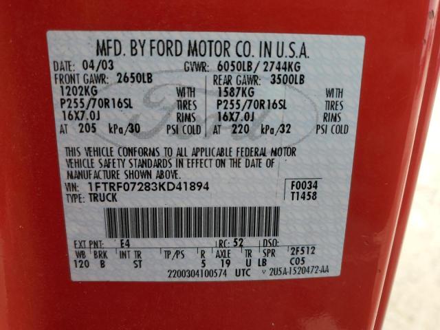1FTRF07283KD41894 - 2003 FORD F150 RED photo 12
