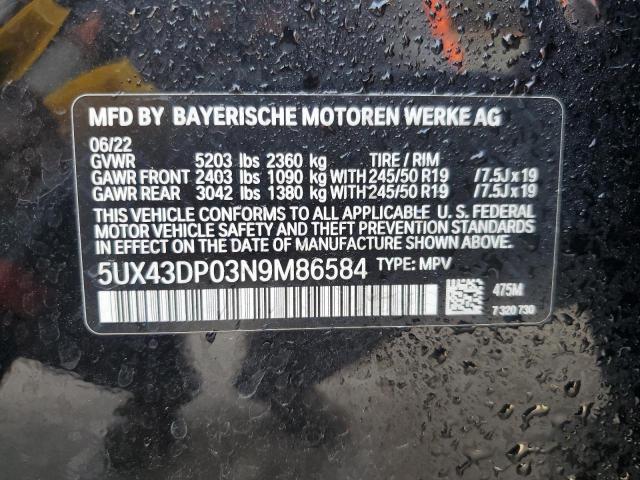 5UX43DP03N9M86584 - 2022 BMW X3 SDRIVE30I BLACK photo 13