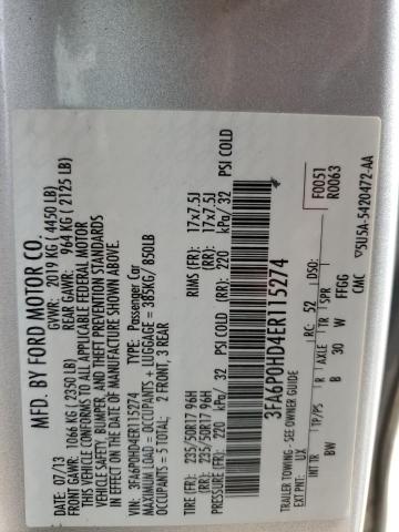 3FA6P0HD4ER115274 - 2014 FORD FUSION SE SILVER photo 12