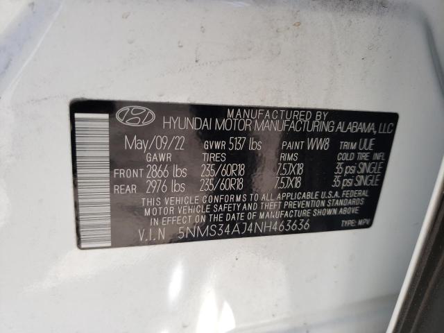 5NMS34AJ4NH463636 - 2022 HYUNDAI SANTA FE SEL Սպիտակ լուսանկար 12
