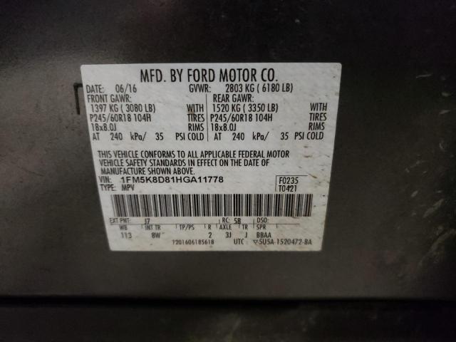 1FM5K8D81HGA11778 - 2017 FORD EXPLORER XLT GRAY photo 12