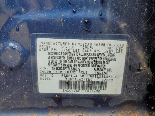 3N1CN7AP7EL838672 - 2014 NISSAN VERSA S BLUE photo 12