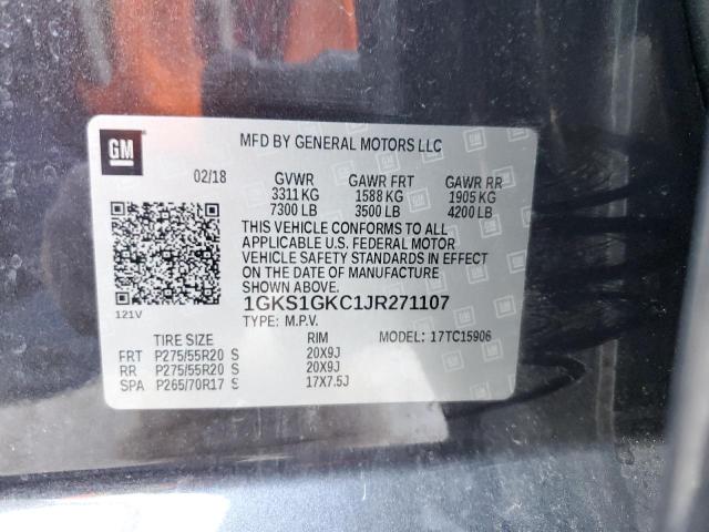 1GKS1GKC1JR271107 - 2018 GMC YUKON XL C1500 SLT GRAY photo 13