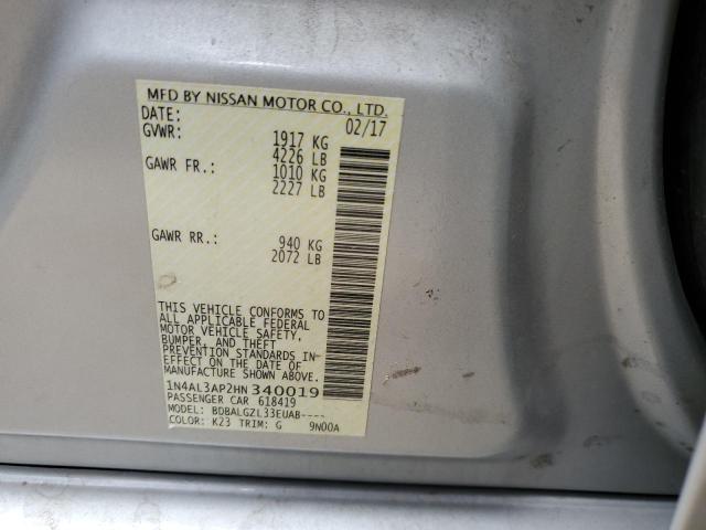 1N4AL3AP2HN340019 - 2017 NISSAN ALTIMA 2.5 SILVER photo 12