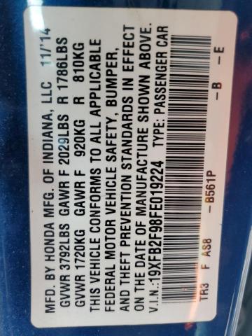 19XFB2F98FE019224 - 2015 HONDA CIVIC EXL ლურჯი ფოტო 12