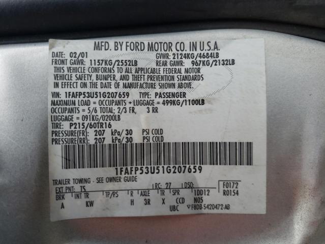 1FAFP53U51G207659 - 2001 FORD TAURUS SE SILVER photo 12