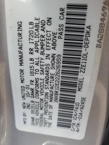 1NXBR12E22Z626959 - 2002 TOYOTA COROLLA CE SILVER photo 12