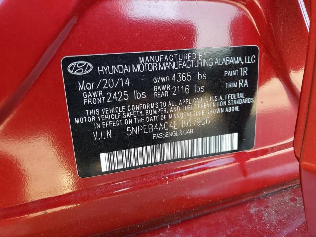 5NPEB4AC4EH917906 - 2014 HYUNDAI SONATA GLS RED photo 12