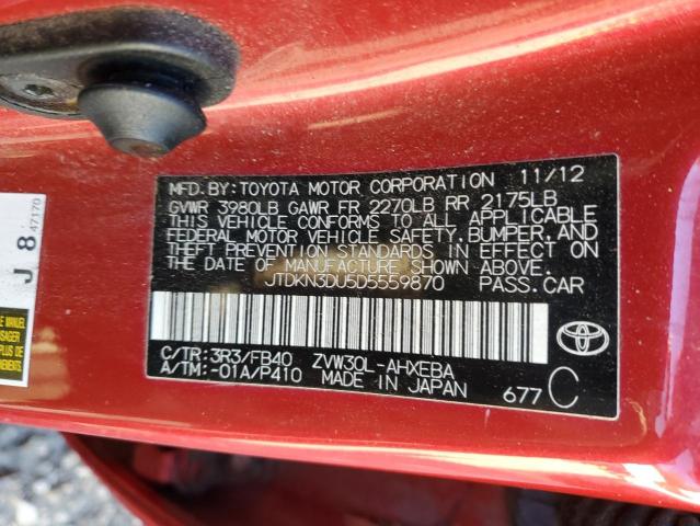 JTDKN3DU5D5559870 - 2013 TOYOTA PRIUS RED photo 12