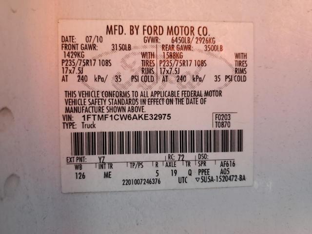 1FTMF1CW6AKE32975 - 2010 FORD F150 WHITE photo 12