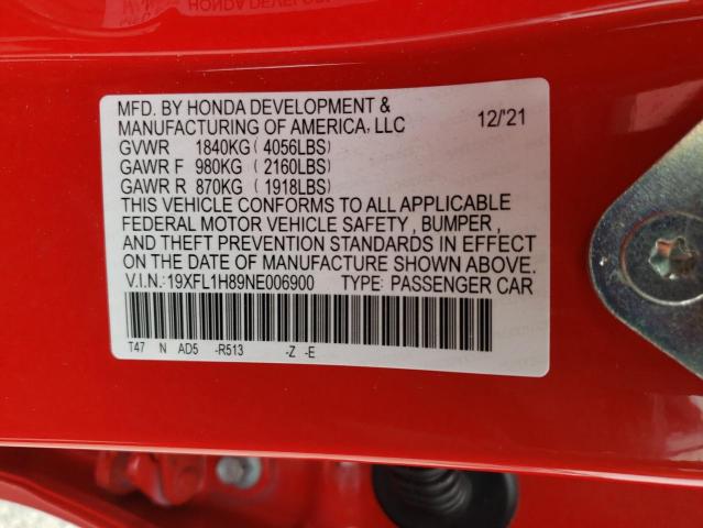 19XFL1H89NE006900 - 2022 HONDA CIVIC SPORT TOURING RED photo 12